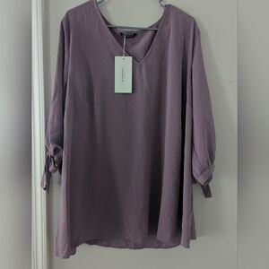 Bloomchic Knotted Tie 3/4 Sleeve V Neck Blouse Top Mauve Purple 22-24